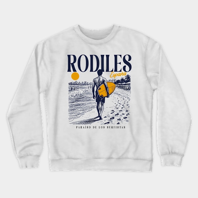 Vintage Surfing Rodiles, Spain // Retro Surfer Sketch // Surfer's Paradise Crewneck Sweatshirt by Now Boarding